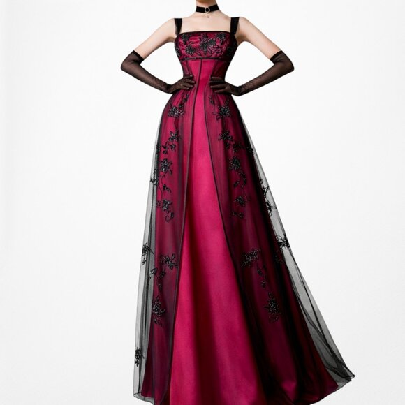 Vintage Y2K Burgundy Red Floral Beaded Mesh Babydoll Maxi Prom Dress Size  XS/S